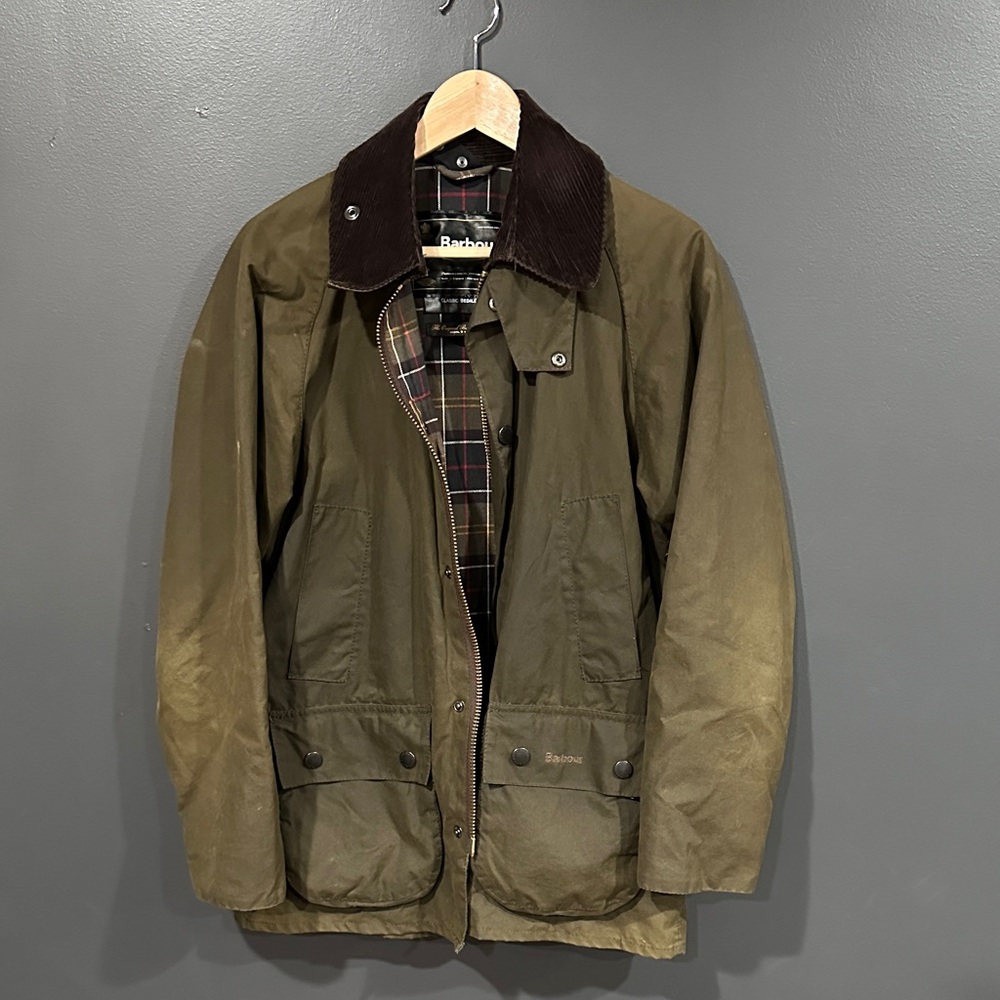 Barbour Olive Waxed Cotton Jacket with Dark Brown Corduroy Collar